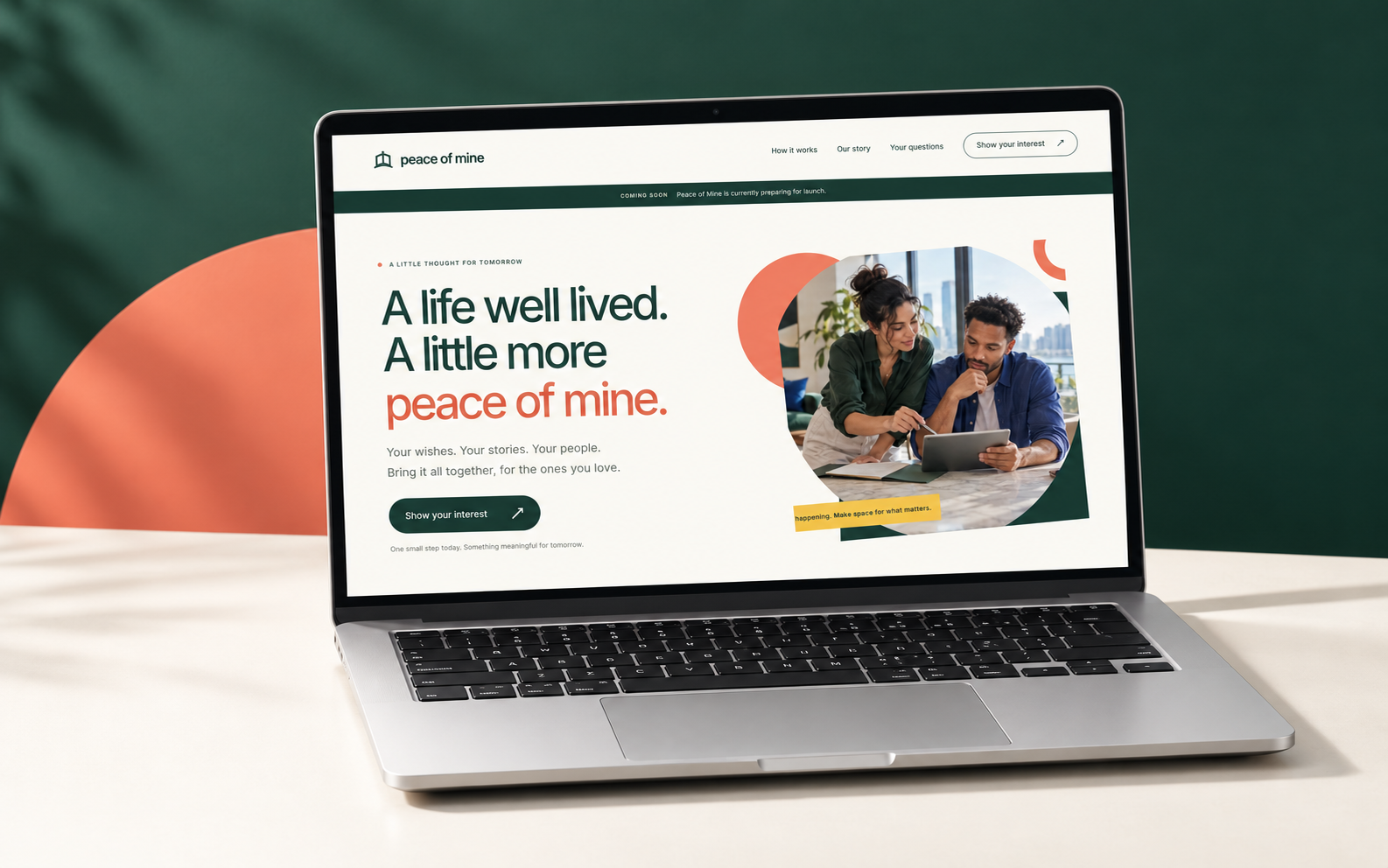 Peace of Mine website displayed on a laptop